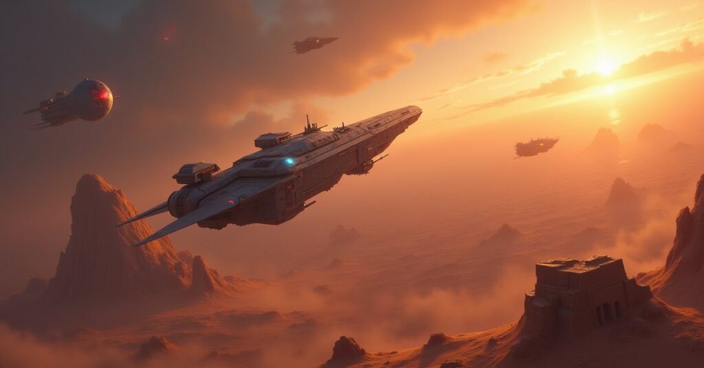 Starship over a desert colony world with raider ships and an ancient tomb holding a glowing gemstone