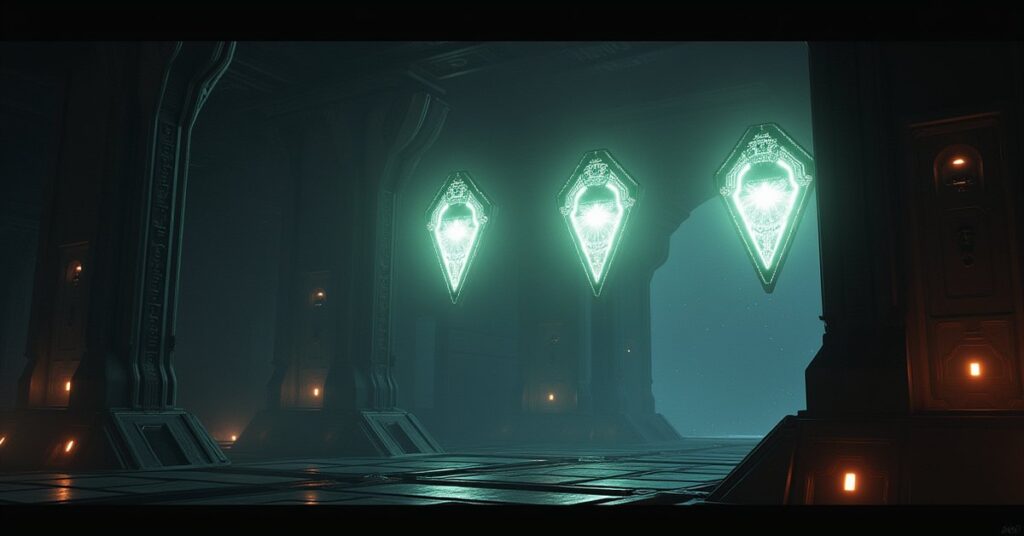 Four glowing ancient energy devices hovering in a starship cargo bay in Star Trek Fleet Command