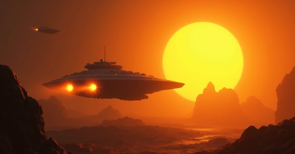 A survey ship mining a glowing asteroid field near a yellow sun in Star Trek Fleet Command