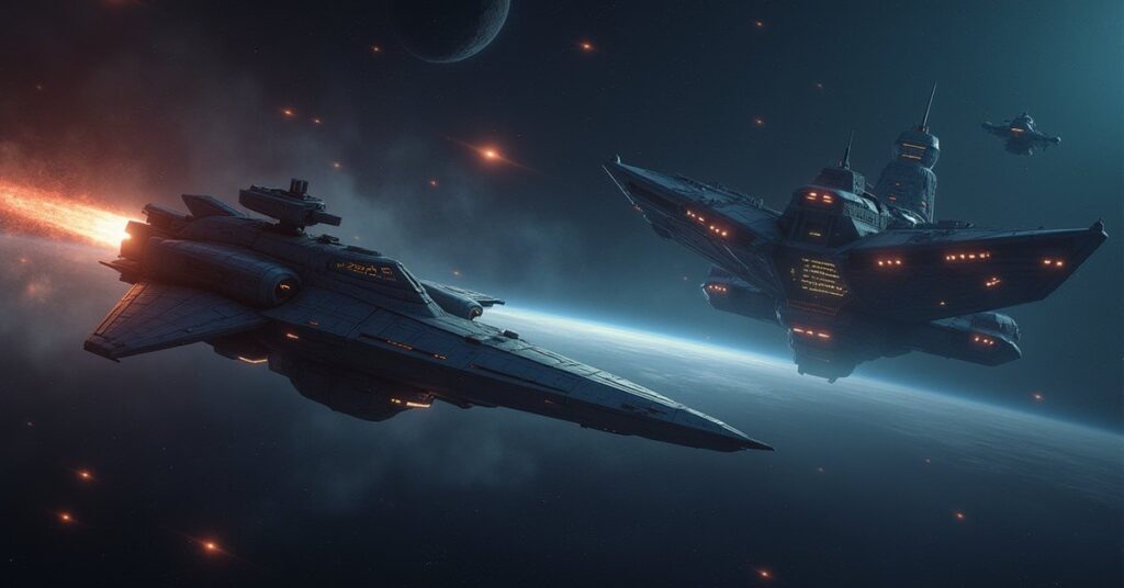 Two rival fleets face off in deep space with the Baraam station looming behind them