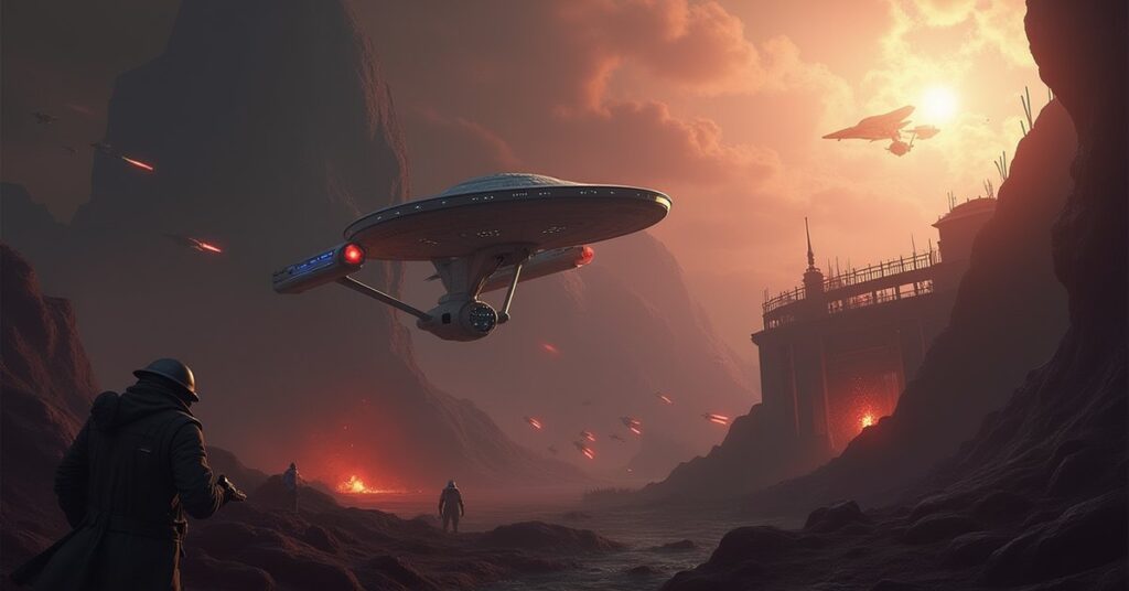 A starship drawing Suliban fire away from the Enterprise in Star Trek Fleet Command
