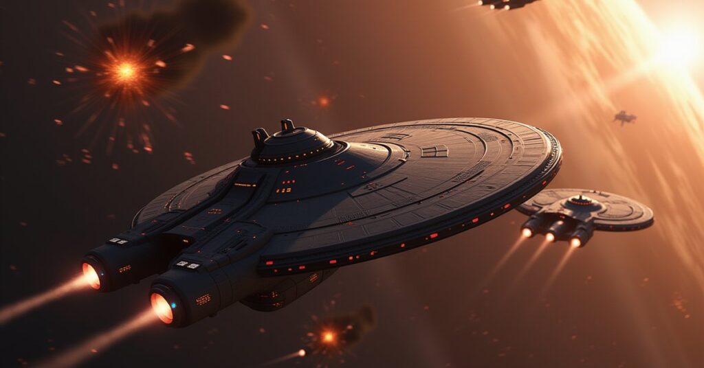 Voyager and an allied ship flying into a war-torn system where two rival fleets clash
