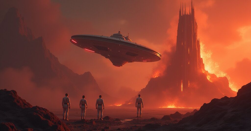 A starship rescuing Starfleet scientists from a research outpost on a volcanic planet in Star Trek Fleet Command