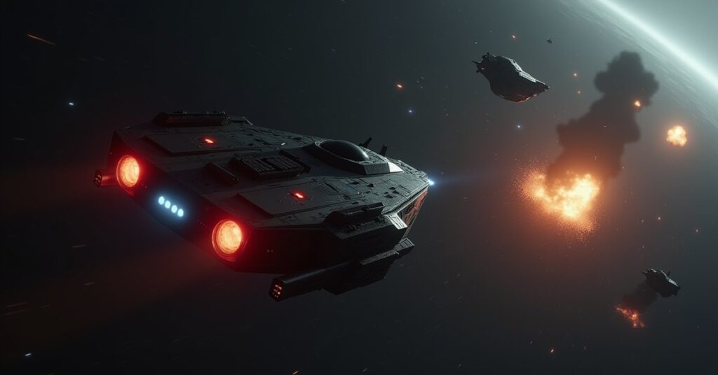 A black starship chasing a fleeing shuttle past an exploding vessel in Star Trek Fleet Command