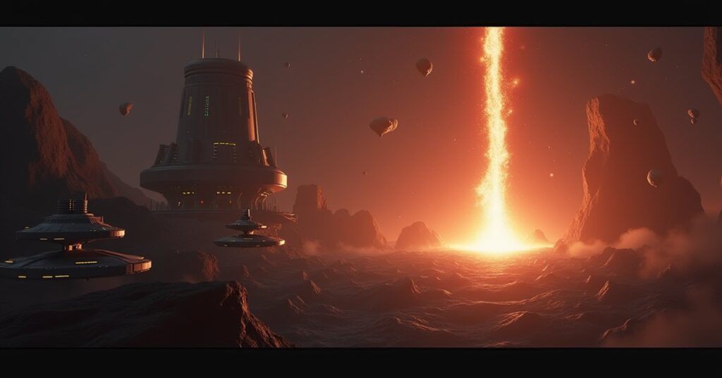 A Vulcan research station behind a protective barrier as Terran warships approach in Star Trek Fleet Command