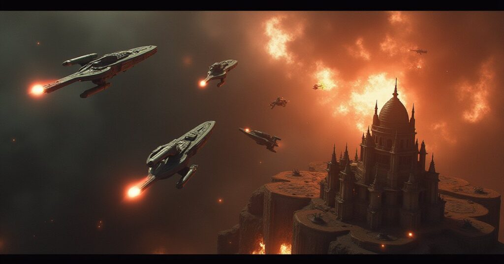 Starships assaulting a fortified Romulan docking station in Star Trek Fleet Command