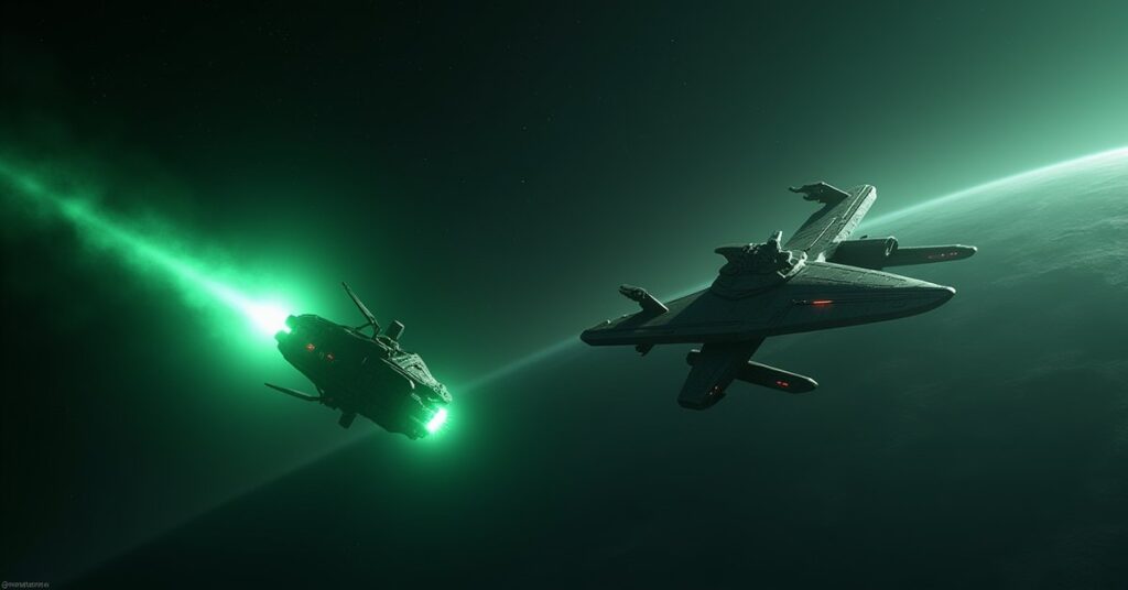 A Romulan warbird protecting a dignitary's ship from a Suliban assassin in Star Trek Fleet Command