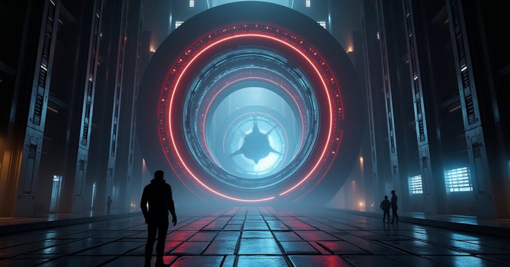 A space station command core glowing with a helix of lights during an upgrade in Star Trek Fleet Command