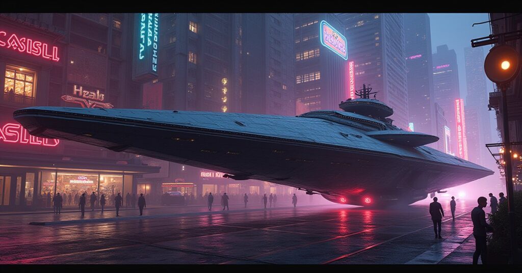 A starship beside a neon casino station in a busy trade hub in Star Trek Fleet Command