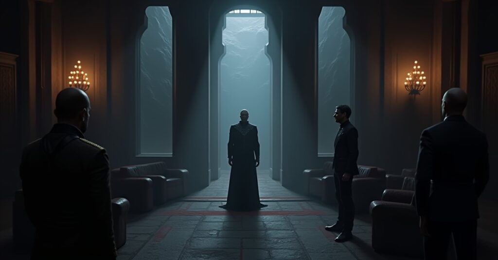 A Romulan Praetor meeting an Andorian envoy in a shadowed Senate chamber in Star Trek Fleet Command