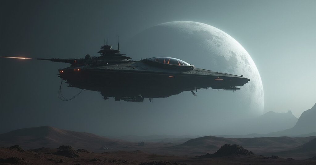 A starship turning its weapons on a mysterious vessel above a grey planet in Star Trek Fleet Command