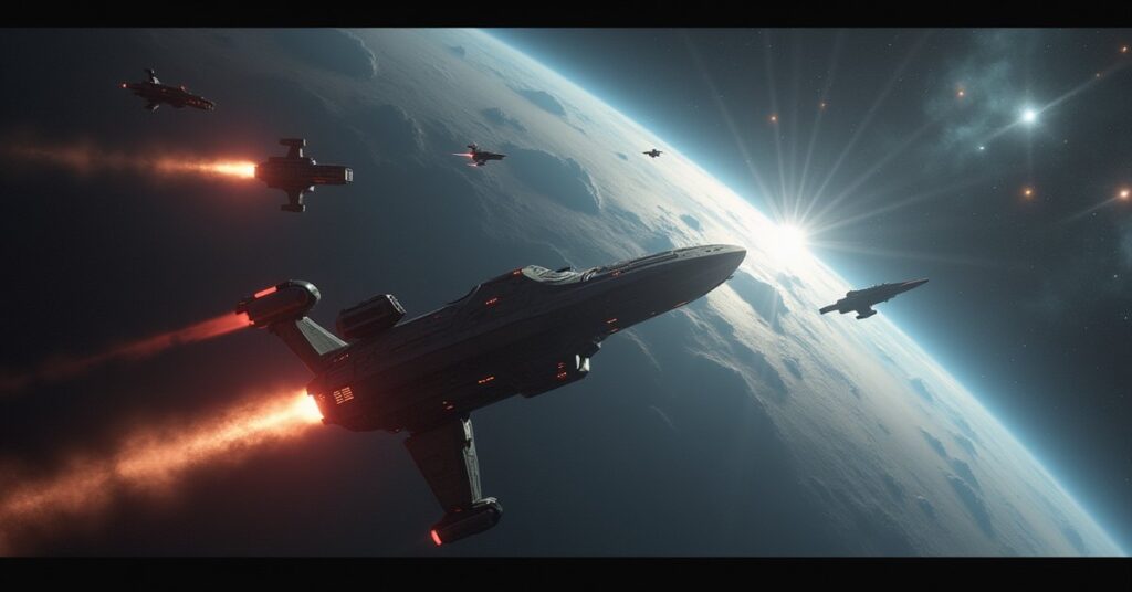 A starship rescuing a Starfleet doctor above Rigel V as Romulan ships decloak in Star Trek Fleet Command