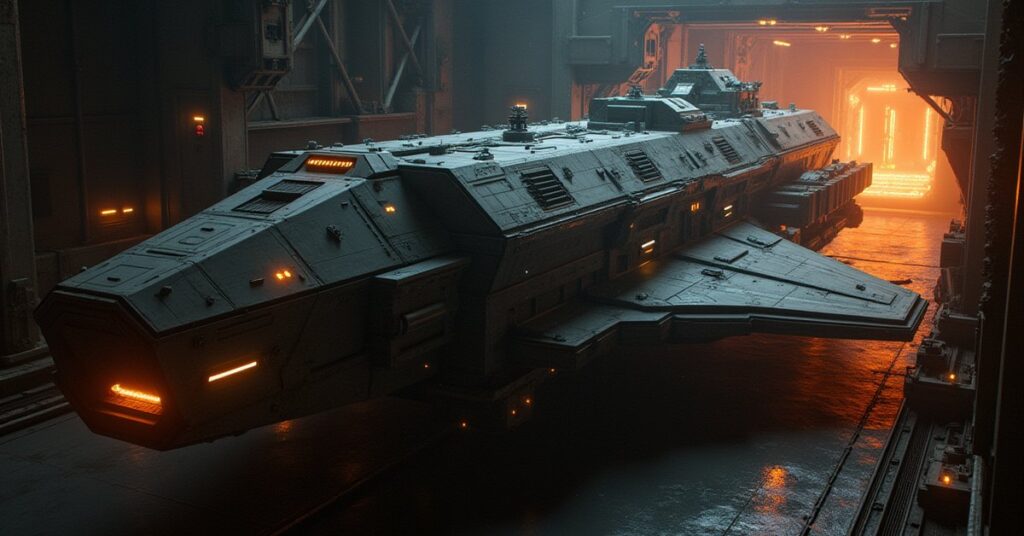 A starship berthed in a glowing station drydock as repair drones swarm its hull