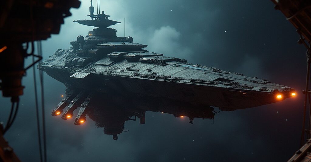 A battle-damaged warship held in glowing repair arms inside a large station drydock in Star Trek Fleet Command