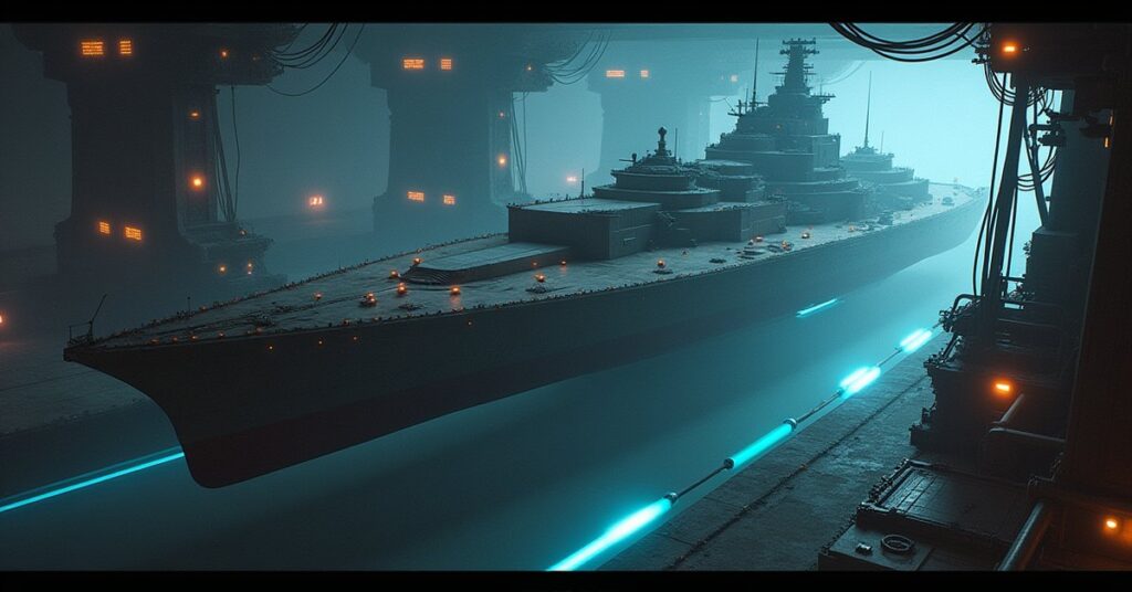 A heavy battleship cradled in a large station drydock in Star Trek Fleet Command