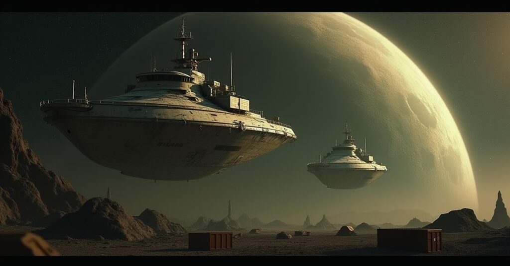 Merchant freighter and escort starship facing a Klingon warship near a planet in deep space