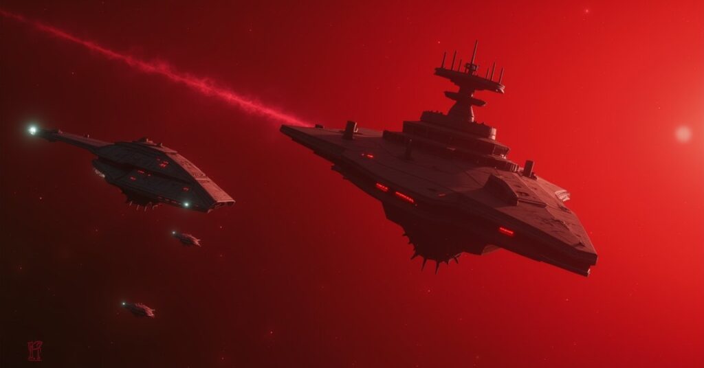 A Romulan warbird trailing a convoy through a red nebula toward an enemy flagship in Star Trek Fleet Command