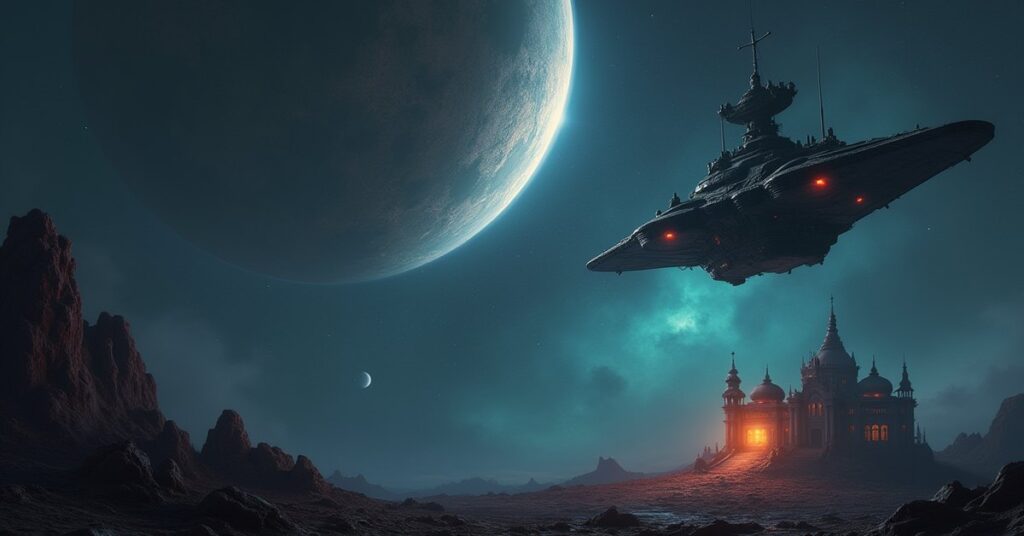 A starship confronting an alien warship above an embassy world in Star Trek Fleet Command