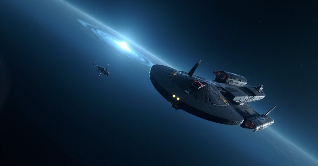 A starship stalking a Starfleet survey vessel near a bright star in Star Trek Fleet Command