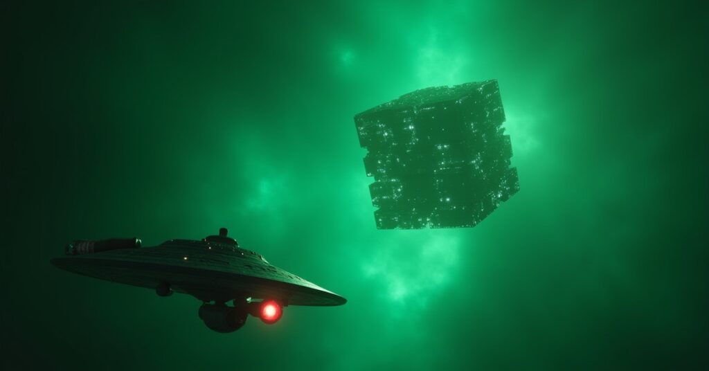 Two starships facing a huge Borg Cube emerging from a green nebula in Star Trek Fleet Command