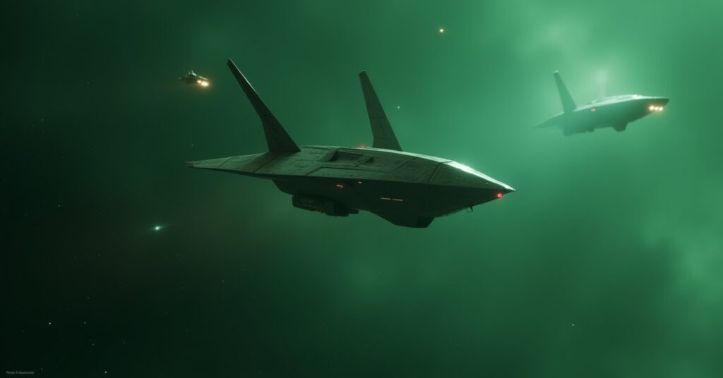 A Romulan warbird ambushing a Federation ship in a green-tinted system in Star Trek Fleet Command