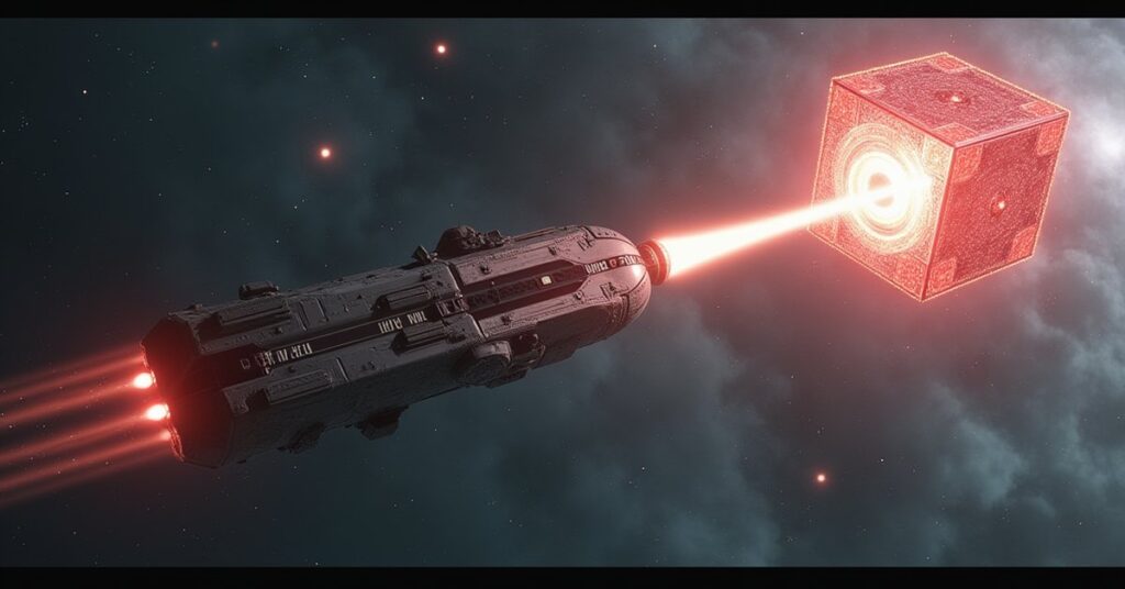A torpedo streaking toward a huge cube vessel and a glowing temporal device in deep space