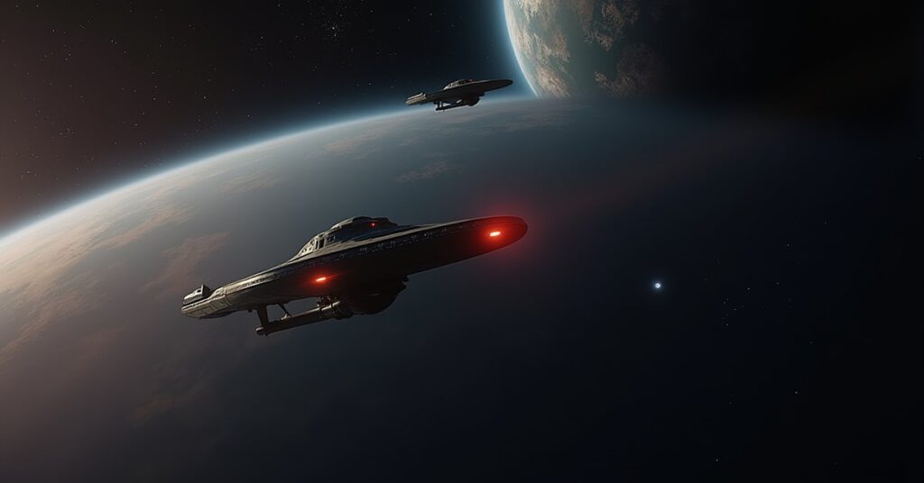 A starship intercepting a vessel beside a flickering subspace relay above a planet