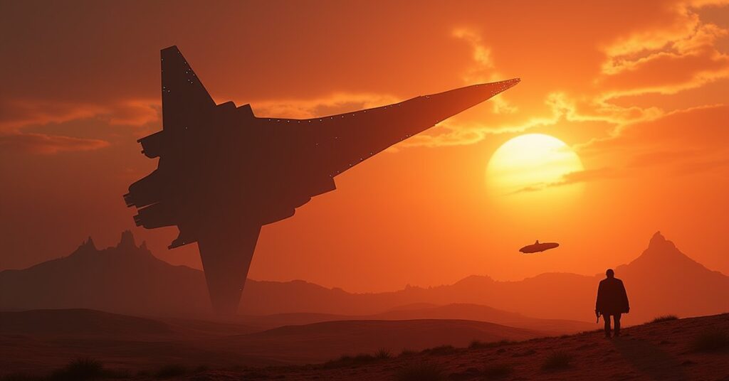 A Romulan warbird above a resort planet with a freighter and Federation ship below in Star Trek Fleet Command