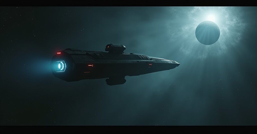 Two starships exchanging data cores in a dark nebula near a Romulan world in Star Trek Fleet Command
