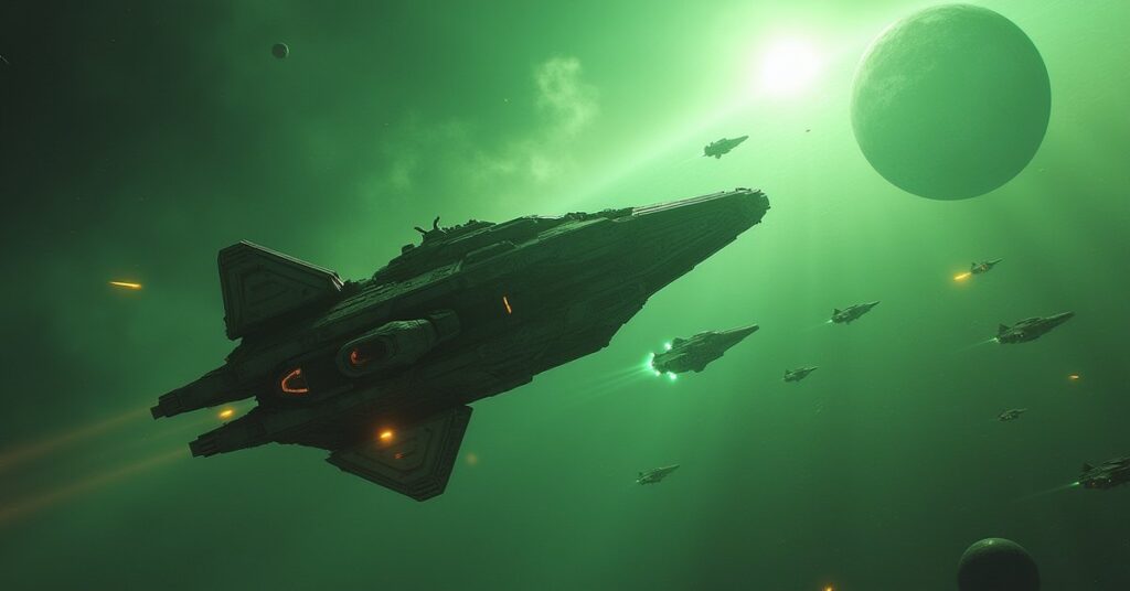 A starship fighting a swarm of Nausicaan outlaw ships above a green planet in Star Trek Fleet Command