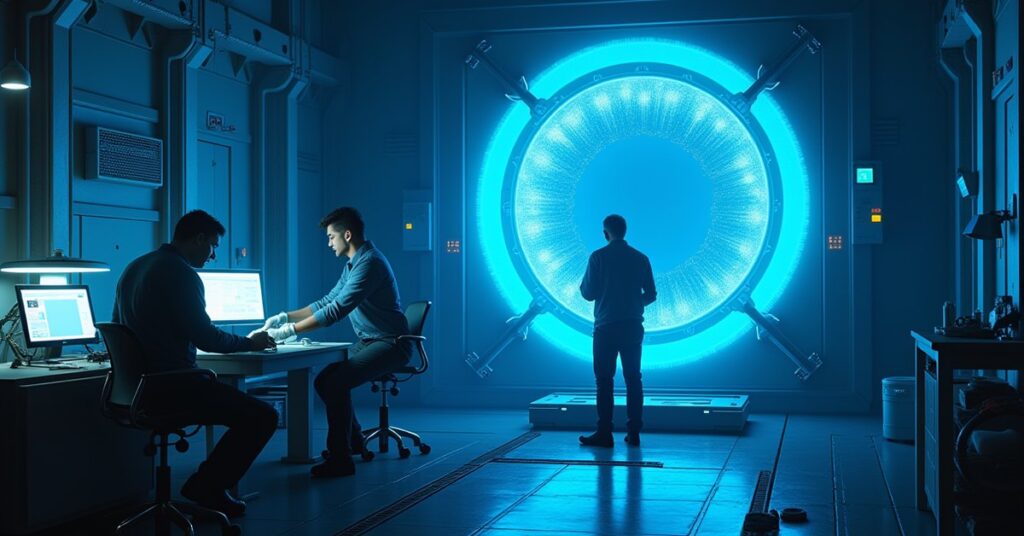 A station engine lab with a warp core test rig glowing blue and engineers at work