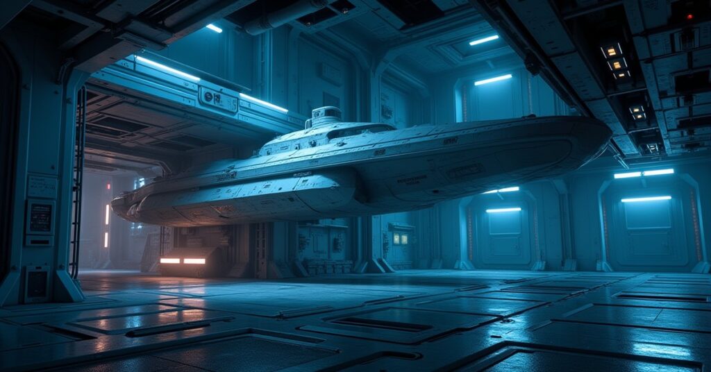 A starship's warp nacelles being tested in a glowing station engine lab in Star Trek Fleet Command