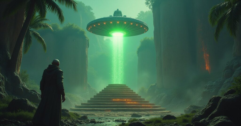 A Gorn elder at a stone altar with a starship overhead in Star Trek Fleet Command