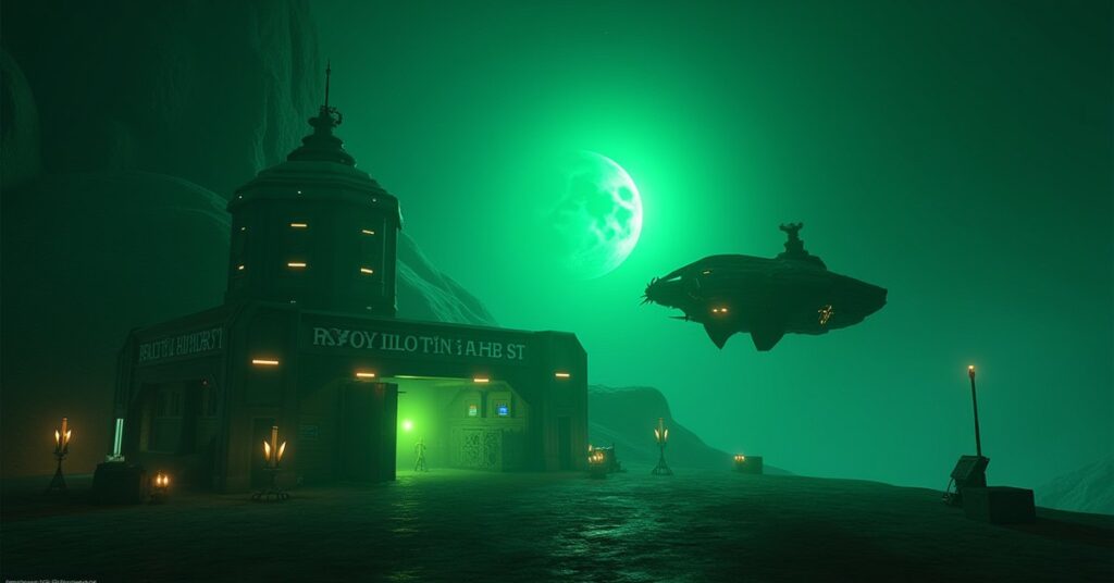 A small transport ship approaching a green-lit Orion station in Star Trek Fleet Command