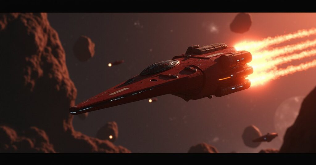 A Romulan ship pursues a lone renegade vessel through an asteroid field