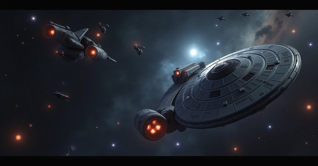USS Voyager and a Starfleet escort caught between a Borg Sphere and alien warships