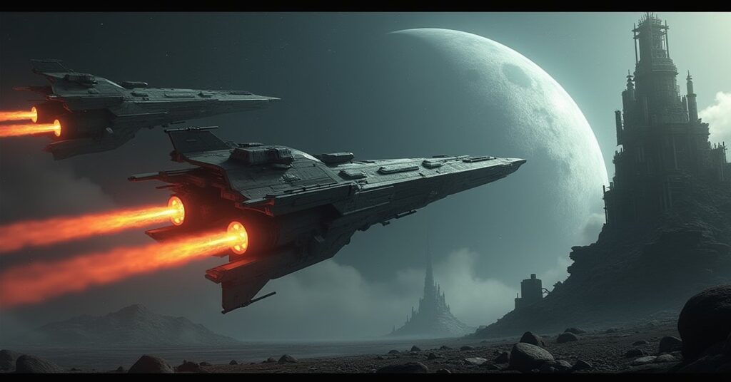 Two starships approaching a fanatic's armed vessel near ancient ruins in Star Trek Fleet Command