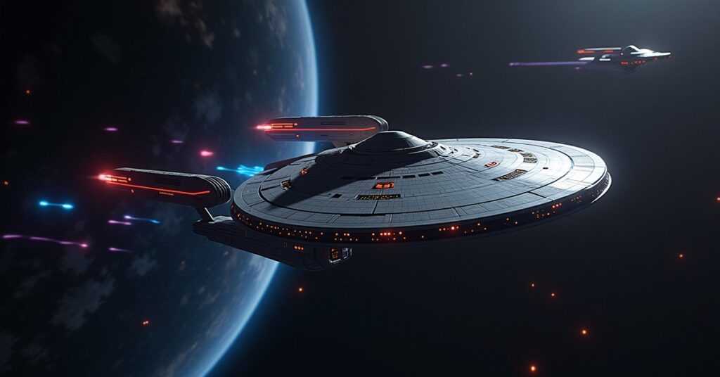 A starship hacking a Klingon listening post as a guard ship turns to attack in Star Trek Fleet Command