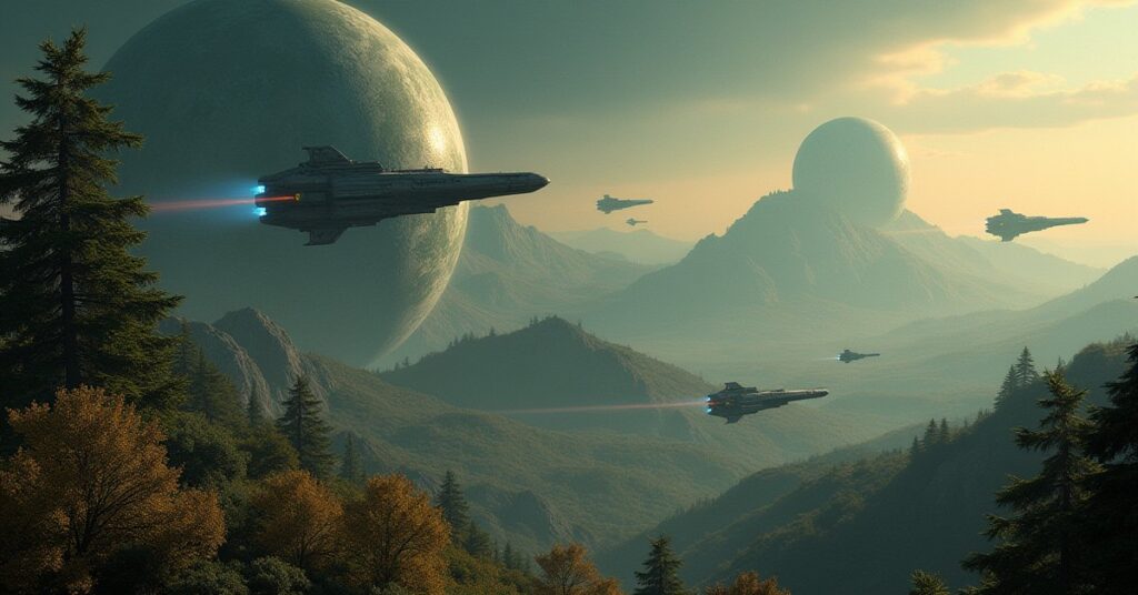 A starship scanning a green planet for a new colony while transports wait in orbit in Star Trek Fleet Command
