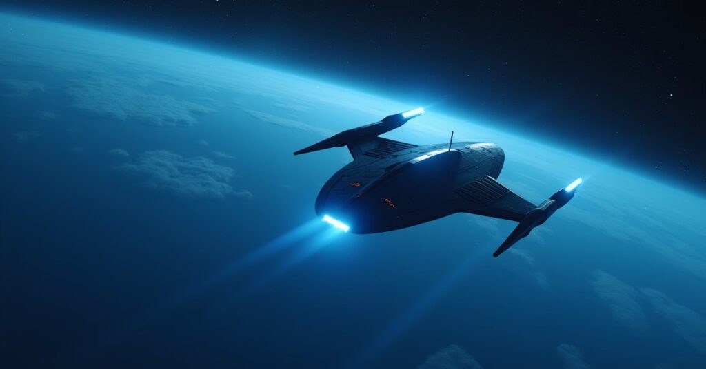 A Federation starship closing in on a shimmering Romulan drone ship in Star Trek Fleet Command