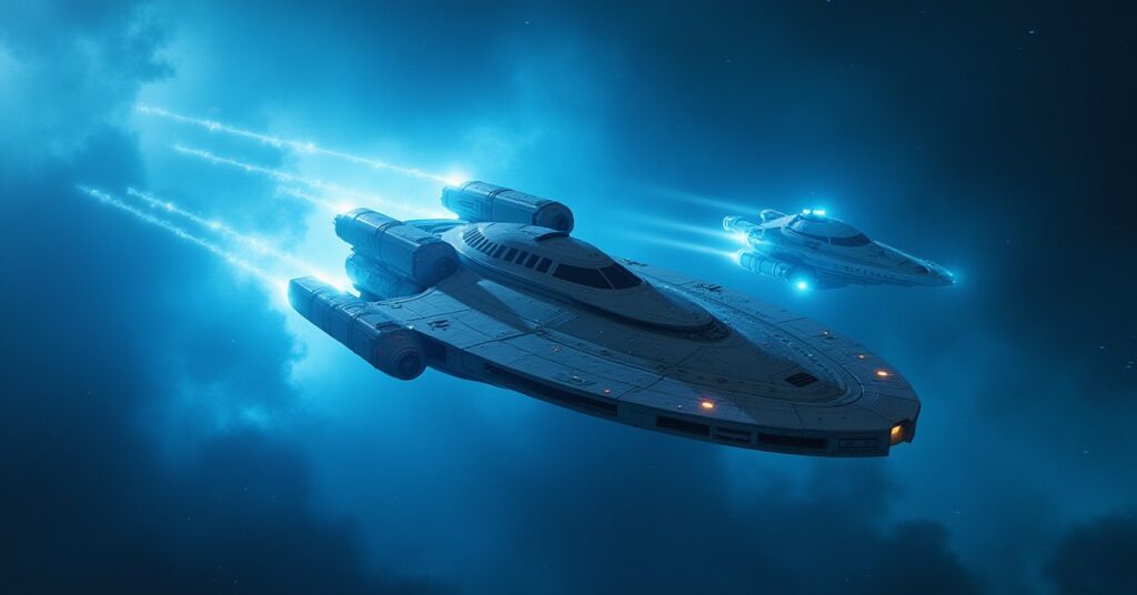 A Federation starship intercepting a kidnapper's ship in an icy blue nebula in Star Trek Fleet Command