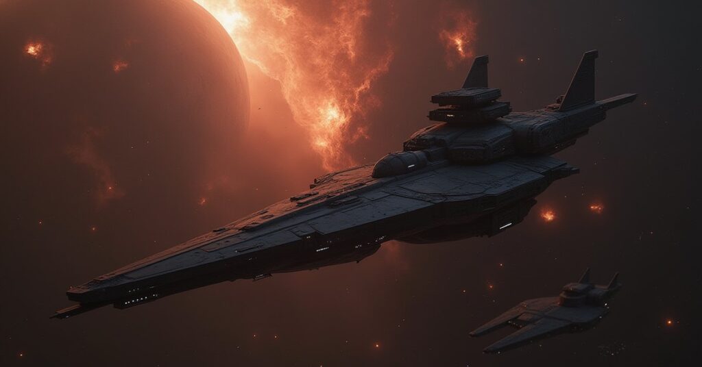 A Klingon warship and a starship attacking cult ships emerging from a dark planetoid in Star Trek Fleet Command