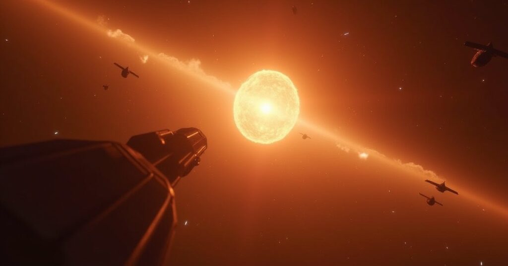 An ion trail glowing through a debris field as the Enterprise-E comes under fire in Star Trek Fleet Command