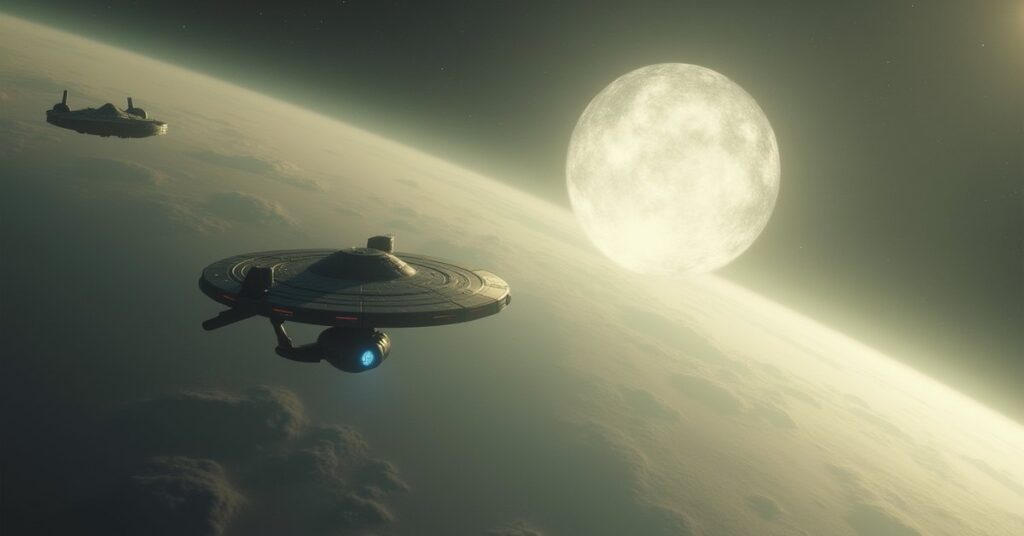 A small Starfleet ship faces a shimmering energy being above a pale planet as another starship moves in
