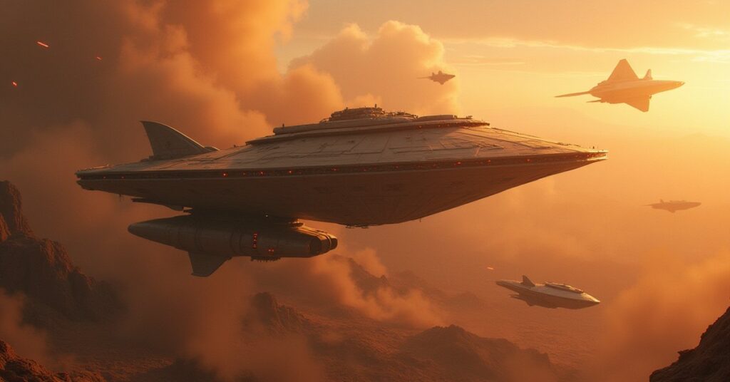 A starship above a ruined Klingon system with raiders scavenging the wreckage in Star Trek Fleet Command