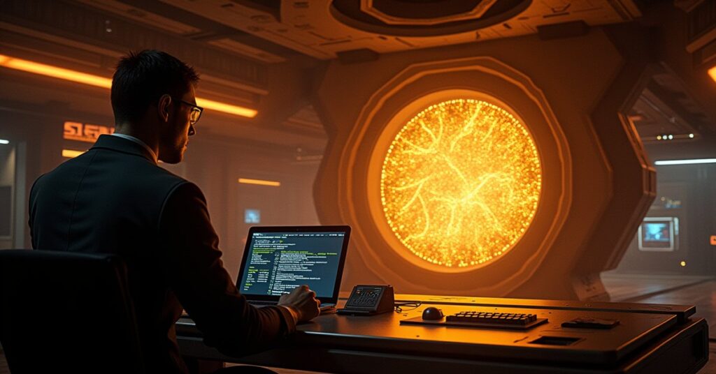 A space station command center powering up as code streams into its computer core in Star Trek Fleet Command