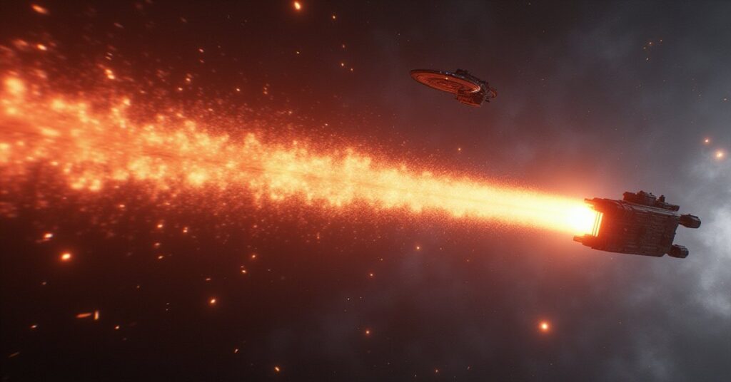 Two starships following a glowing warp trail as Nausicaan mercenary ships turn to attack in Star Trek Fleet Command