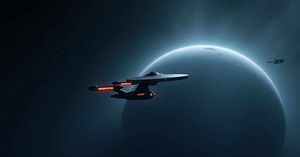 A starship facing an unidentified vessel above a dim neutral system, Star Trek Fleet Command style key art