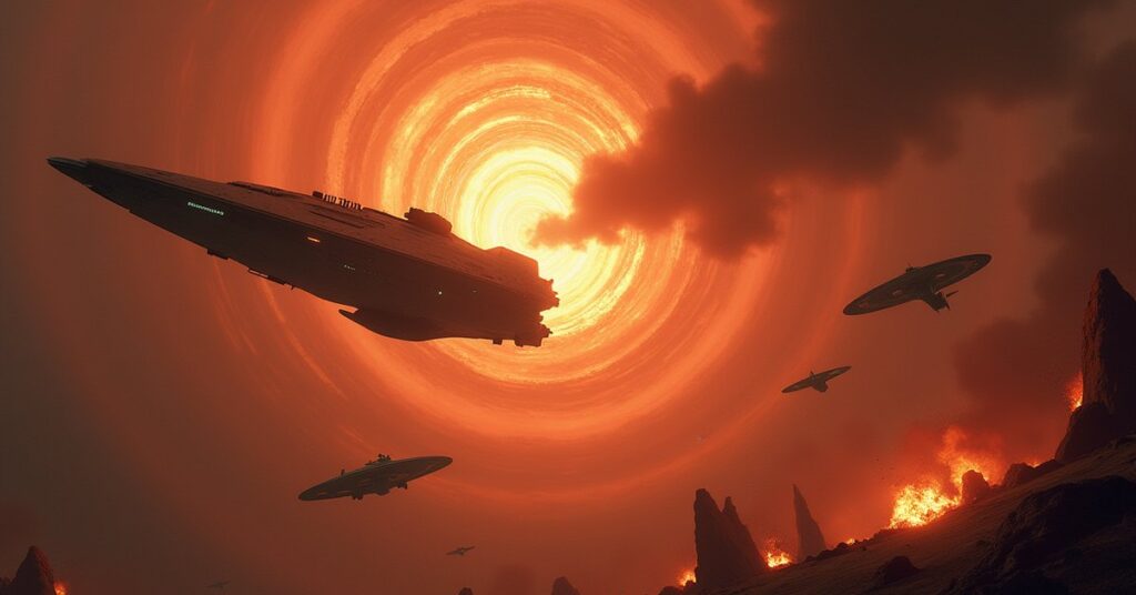 A Gorn warship emerging from a spatial rip above a colony as Starfleet ships intercept