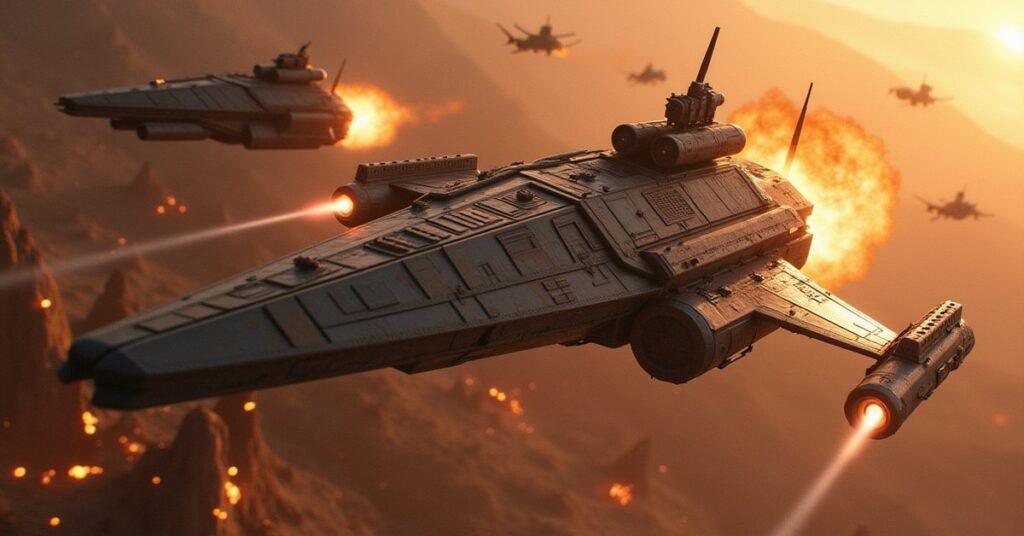 A starship fighting a pack of Klingon patrol ships above an outpost in Star Trek Fleet Command